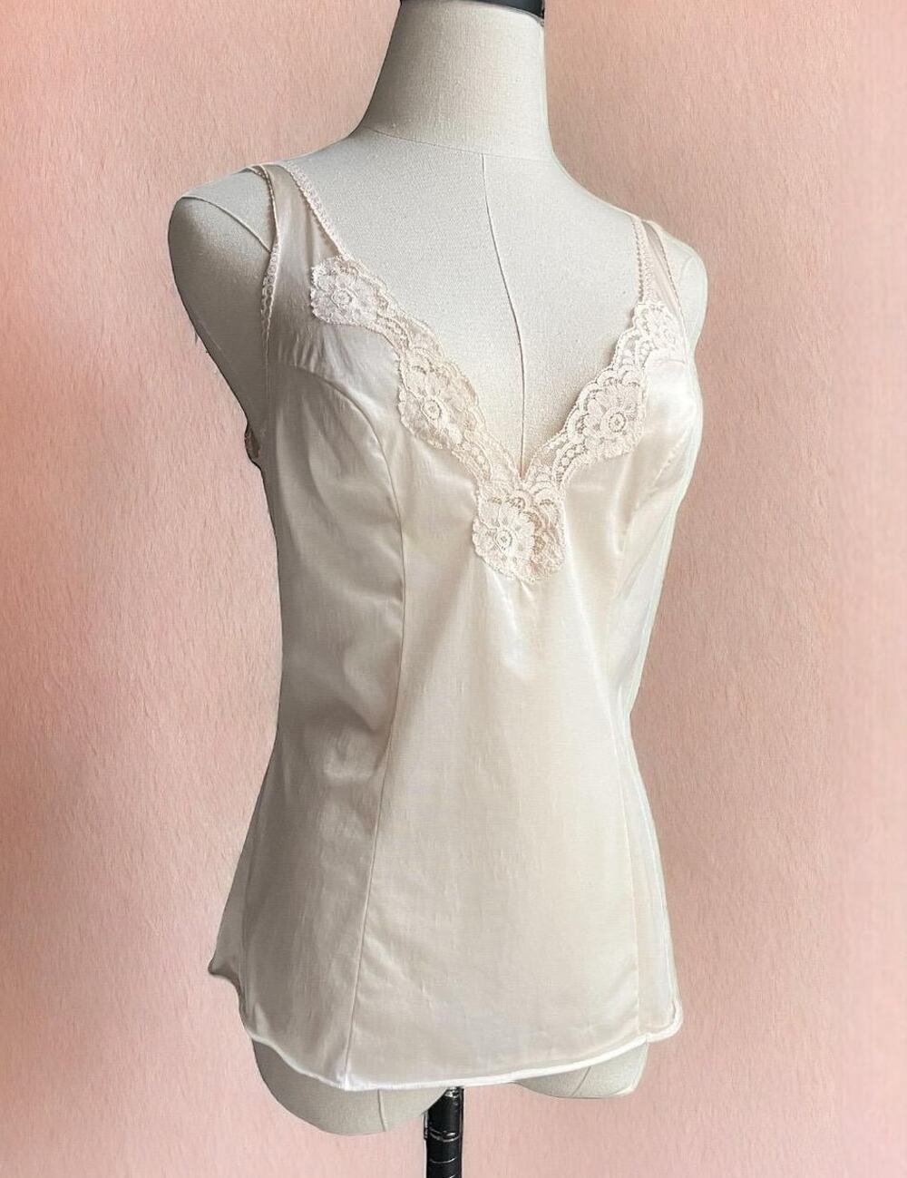 Vintage 80s Lingerie Camisole | Champagne Nylon Slip Top | Lace Trim | M